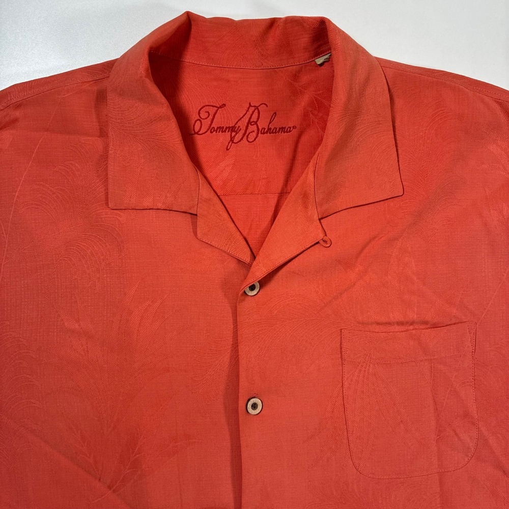 Tommy Bahama 100% Silk Shirt XL Orange Jacquard Palm Leaf Camp Button Down